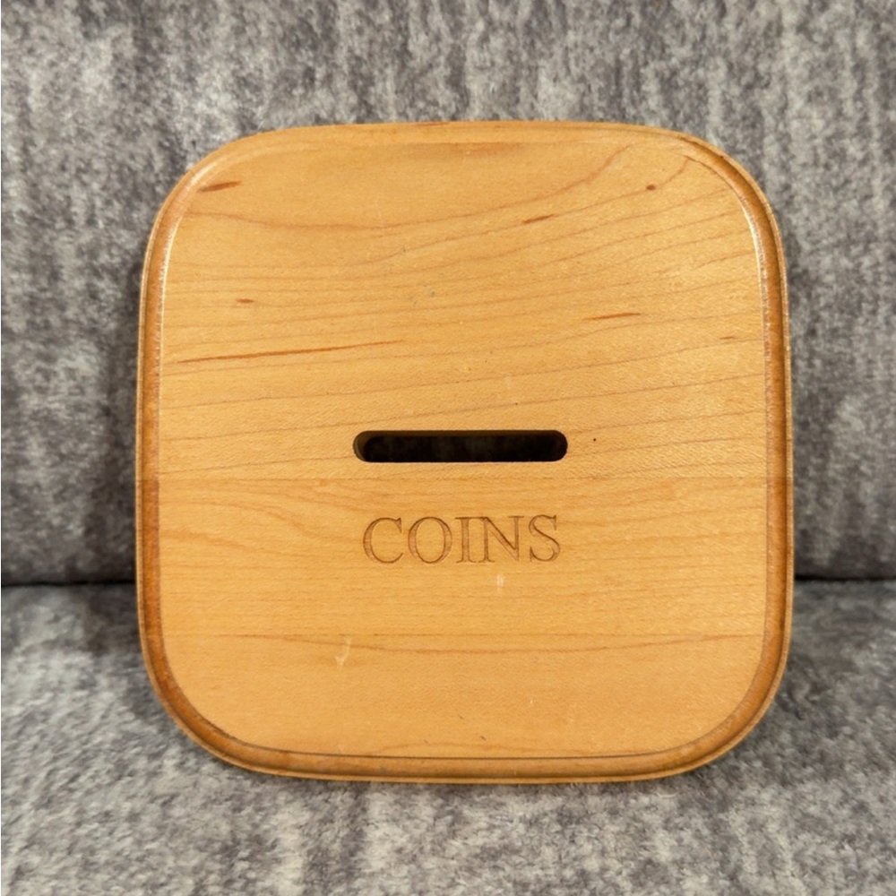 Longaberger Wooden Coin Bank Lid / Coin Holder – Engraved “COINS”
